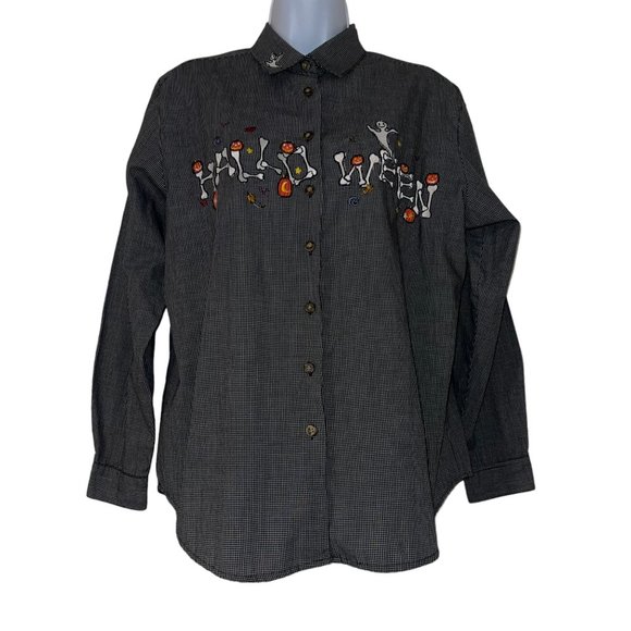 Karen Scott Tops - Vintage Karen Scott Halloween Bones Shirt Womens M Gothic Bones Ghost Check
